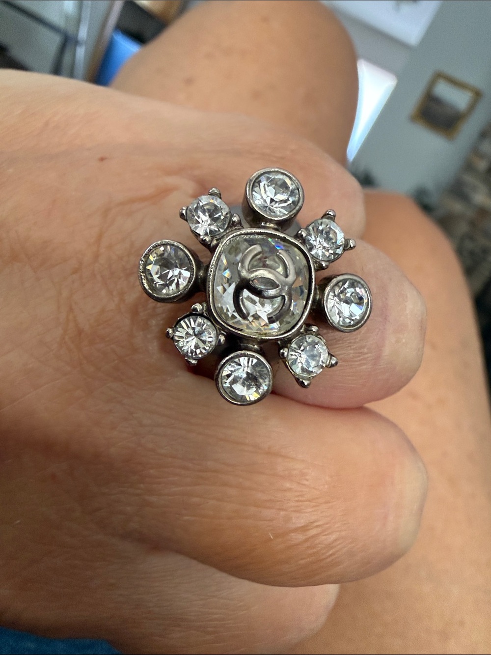 CHANEL Silver-Tone Crystal Flower Cluster Ring